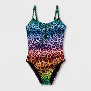 Rainbow Cheetah Print One Piece Swimsuit Small